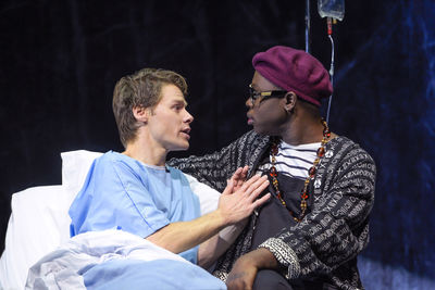 Randy Harrison (Prior Walter) and Caldwell Tidicue (Belize) in Berkeley Repertory Theatre’s production of Angels in America, Part One: Millennium Approaches. 
Photo courtesy of Kevin Berne/Berkeley Repertory Theatre

