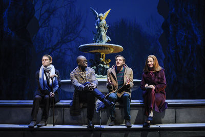 Randy Harrison (Prior Walter), Caldwell Tidicue (Belize), Benjamin T. Ismail (Louis Ironson), and Carmen Roman (Hannah Pitt) in Berkeley Repertory Theatre’s production of Angels in America, Part Two: Perestroika.
Photo courtesy of Kevin Berne/Berkeley Repertory Theatre
