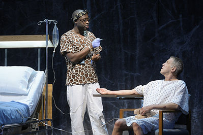 Caldwell Tidicue (Belize) and Stephen Spinella (Roy Cohn) in Berkeley Repertory Theatre’s production of Angels in America, Part Two: Perestroika.
Photo courtesy of Kevin Berne/Berkeley Repertory Theatre

